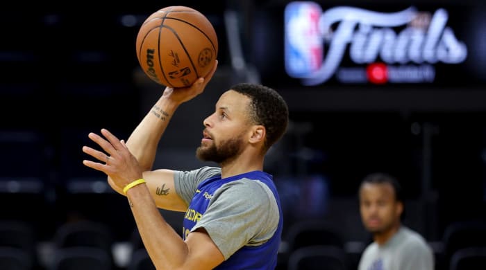 Golden State Warriors guard Stephen Curry shoots during NBA basketball practice in San Francisco, Wednesday, June 1, 2022. The Warriors are scheduled to host the Boston Celtics in Game 1 of the NBA Finals on Thursday.